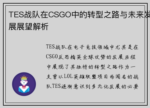 TES战队在CSGO中的转型之路与未来发展展望解析
