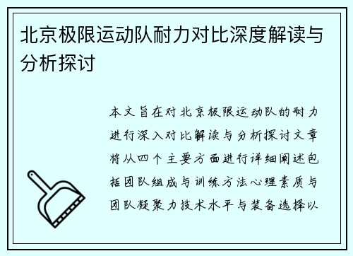 北京极限运动队耐力对比深度解读与分析探讨